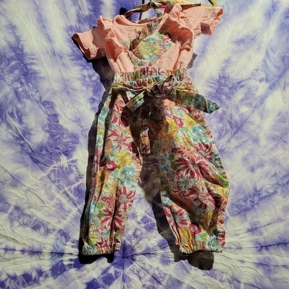 Unbranded 3 Peice Set Girls Dusty Coral Top With Foral Tie Bottoms Size 3-6 M - Picture 13 of 16